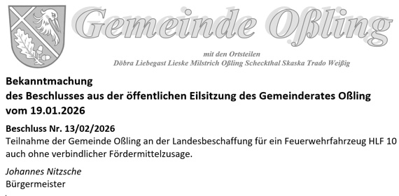 Beschl&uuml;sse der Eilsitzung 01/2026 des Gemeinderates